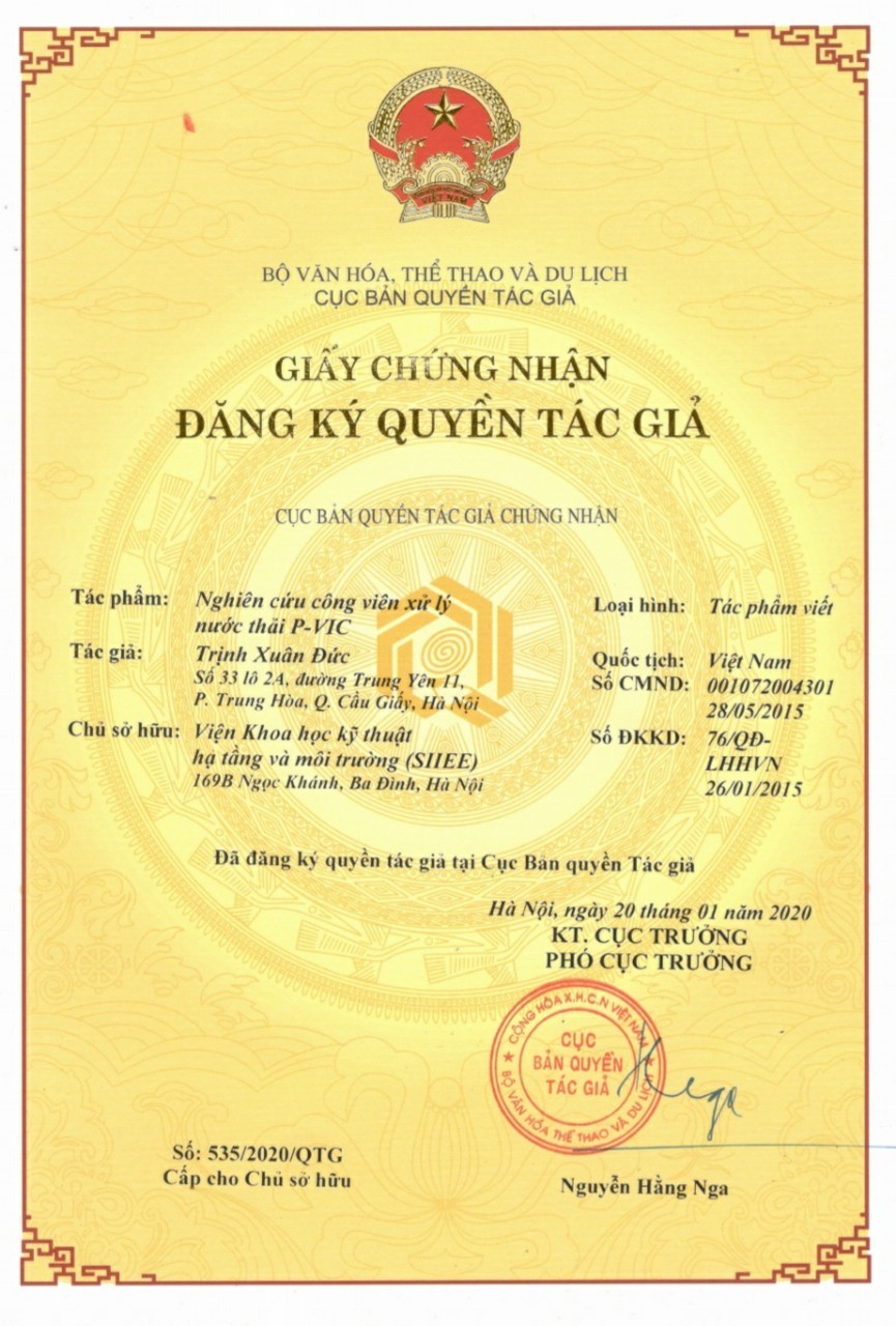 Giấy chứng nhận đăng kí quyền tác giả: Nghiên cứu công viên XLNT P-VIC